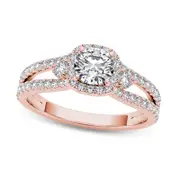 0.88 CT. T.W. Natural Diamond Cushion Frame Split Shank Engagement Ring in Solid 14K Rose Gold