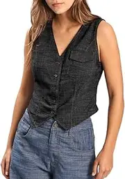 [Amazhiyu] Women's Linen Sleeveless Vest Tops Button Front Waistcoat with Chest Pocket