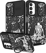[Funermei] (2in1 for Samsung A14 5G Case for Women Cute Girls Cover Fun Funny Girly Kawaii Aesthetic Cool Black Skull Skeleton Design with Camera Cover and Ring Stand for Samsung Galaxy A14 5G Case