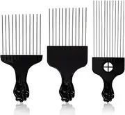 Stylish 3-Piece Black Metal Afro Hair Pick Set: Stainless Steel Wide-Tooth Combs with Classic Fist Design, Essential for Curly & Afro Hair Care and Styling