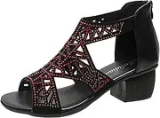 [Generic] Womens Belt Buckle Sandals Summer New Large Roman Medium Heel Rhinestone Fish Mouth Back Zipper Sandals Dressy Flat Sandals