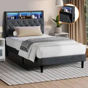 Oikiture Bed Frame King Single With LED Storage Headboard