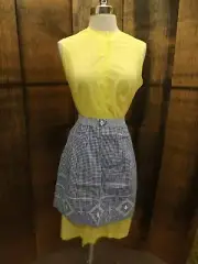 Vtg 1950s NEW Handmade Blue White Gingham Embroidered Chic Kitchen Half Apron