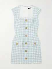 [Balmain] Balmain - Frayed Gingham Cotton-blend Tweed Mini Dress - Light blue - FR 36 FR 36 Blue