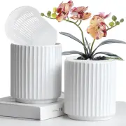 2Pack White Ceramic Orchid Pots Planter with Drip Trays and Cymbidium Basket