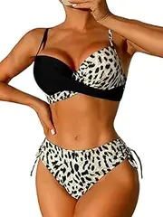 [ChiaoLezhee] Cheetah Print Bikini Sets, Push Up Swimsuits, B Cups and Above, Black White Leopard, X-Large
