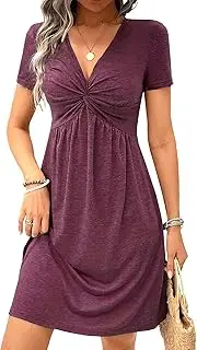 [Generic] Women's Twist Front V-Neck Mini Dresses Short Sleeve Elegant Empire Waist Dress Summer Casual Tunic Dress