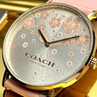 點數9%★COACH手錶,編號CH00079,36mm玫瑰金圓形精鋼錶殼,白色中二針顯示, 花卉錶面,粉紅真皮皮革錶帶款,獨一無二!, 獨具匠心!【APP下單享9%點數上限5000點】