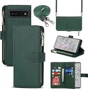 [Cavor] for Google Pixel 6a Case 6.1 inch PU Leather Folio Flip Wallet Back Cover Magnetic Case with Long Shoulder Lanyard Zipper Coin Purse 9 Card Holder Kickstand Wristlet Strap-Green