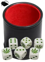 16mm Marijuana Theme White Dice + Pouch + PU Leather Dice Cup Premium Felt Lined