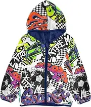 [GuoChe] Sherpa Coat 1970s Disco Retro Grunge Graffiti Toddler Girl Jacket With Hood Navy Blue Zip Hooded Sweatshirt 3-10T
