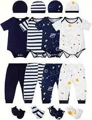 [NZRVAWS] Newborn Baby Boy Girl Clothes Unisex Infant Romper Pants Set Hat 4-Pack Outfits 0-12 Months 16 Pieces Toddler