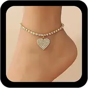[Allereya] Boho Rhinestone Heart Anklet Crystal Heart Bracelet Gold Tennis Anklet Bracelet Sparkling CZ Anklet Adjustable Crystal Anklet Jewellery for Women