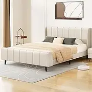 ALFORDSON Bed Frame Base King Size HUNDOLF Series, Mattress Topper Platform Foundation with Linen Fabric Upholstery for Bedroom, Fabric Beige