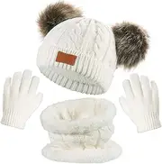 [SATINIOR] Pack of 3 Baby Winter Warm Set Cap with Double Pom Children's Knitted Scarf Gloves (White), White, One size