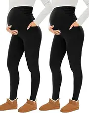 [Fotociti] Fleece Lined Maternity Leggings with Pockets Over The Belly,Pregnancy Thermal Warm Workout Yoga Pants
