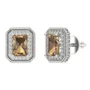3.98 Emerald Round Cut Halo Champagne Stud Designer Earrings 14k White Gold