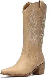 [Pasuot] Cowboy Boots for Women - Cowgirl Western Mid Calf Boots with Embroidery, Pointed Toe Retro Chunky Heel Slip On Fashion Classic Short Boots Pull On for Ladies Summer Fall