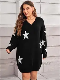 在飛比找Yahoo!奇摩拍賣優惠-大碼毛衣洋裝 黑色搖滾星星星星圖案V領早秋冬天長袖保暖禦寒 