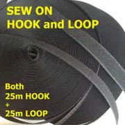 25m Sew on HOOK and LOOP Fastener Non Adhesive Back Black 38mm width