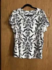 Chico’s Touch Of Cool Swirl Ruffle Sleeve Top - Navy/White - Chico’s Size 3 -NWT
