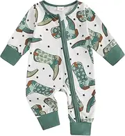 [Edhomenn] Baby Boys Irish Outfits Long Sleeve Crew Neck Clover Print Zipped Jumpsuit Casual Rompers Newborn Boys Spring Clothes
