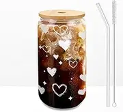 DAMCONME Glass Cups with Lid and Straw,Iced Coffee Cup,Cute Glass Cups,Smoothie Cup,Ideal for Cocktail, Whiskey,Wine - 16oz Heart with 1 Brush-Heart