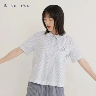 【a la sha】繡花口袋條紋短袖襯衫