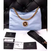 NEW $1,250 VERSACE Blue Nylon GOLD MEDUSA LOGO Hobo BAG w/ REUSABLE GRECA STRAP
