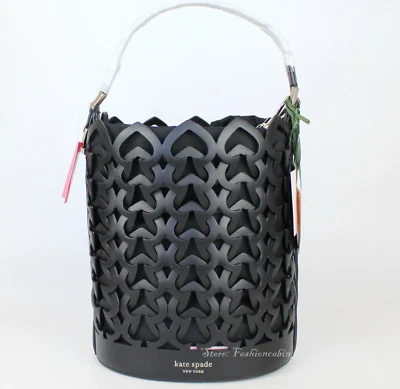 NWT Kate Spade RUNWAY Dorie Leather Woven Bucket Satchel, Black MSRP$358