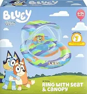 Wahu Bluey Baby Pool Ring with Seat & UV Canopy – Inflatable Float with Backrest, Mesh Toy Area & Scratch-Free Seams | Soft PVC Water Ring for Infants 6 Months+ | Up to 15kg