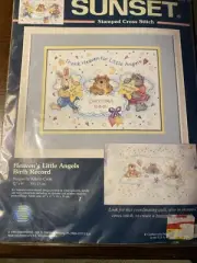 Vtg 1999 Sunset DIMENSIONS Heaven's Angels Stamped Cross Stitch Birth Record Kit