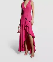 $750 Badgley Mischka Women's Pink Draped High-Low Gown Dress 4