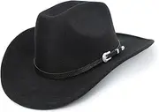 [SlowTon] Western Cowboy Hat for Men Women - Classic Roll Up Fedora Hat for Adults, Wide Brim Large Rodeo Hat with Strap/Metal Bull Head for Vintage Western Party Outdoor Events Black Belt Buckle