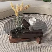 LIODUX Round Coffee Table, 80x80x31CM Mid Century Glass Coffee Table for Living Room, Vintage Unique Center Tables with Solid Wood Legs, Tempered Glass Top, for Small Spaces (Walnut)