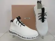 NIB MIU MIU PRADA 5E088D WHITE KNIT MESH BLACK LOGO BUNGEE SOCK SNEAKERS 36.5