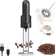 Electric Milk Frother Handheld Drink Mixer with USB Rechargeable Stand Stainless Steel Frother Wand with Wall-Mounted Storage Rack for Coffee, Egg, and More