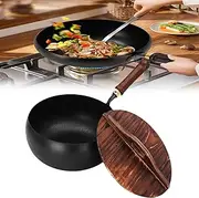 Suntuup Japanese Iron Pan, Uncoated Iron Pan, 9.45In Hand-Forged Without Coating Durable and Rust-Free Cooking Wok Induction, Round Bottom with Wooden Lid (Hammer Pattern)