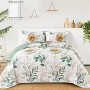Anibedding Floral Quilt Set King,3 Pieces Reversible Elegant Green Leaves Pattern Bedspread Coverlet Soft Microfiber Bed Cover for All Season(104"x90")