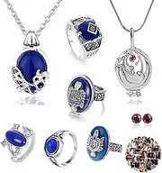 [YouU] 28 pcs The Vampire Jewelry Sticker Set Elena Gilbert Opening Vervain Locket Pendant Necklace Sapphire Crystal Daylight Family Crest Rings Diamond Stud Earrings, Zinc, No Gemstone