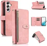 for Samsung Galaxy A55 5G Case,for Galaxy A55 5G Wallet Case,Boyobacase PU Leather Wallet Stand Feature Cover[9 Card Holders][Zipper Coin Pocket] with Wrist Strap-Pink