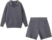 [Zadaos] Women'S 2 Piece Set 2-Color Turn-Down Collar Long Sleeves Knitted Tops Summer Elastic Waist Shorts