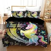 Black Rainbow Unicorn Quilt Doona Duvet Cover Set Single Double Queen King Size Available Double, 2 Pillow Cases