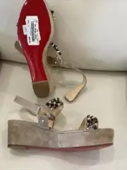 Christian Louboutin Platform Sandals Flat Wedge Gold Brown Spike Stud Tan 37,5