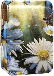 Lipstick Case,Leather Lip Gloss Lipstick Organizer with Mirror,Mini Lipstick Holder Bag,Butterfly Daisy Field