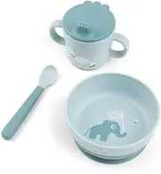 Done by Deer Foodie first meal Elphee Blue Tableware Set - Practical Children's Tableware - Baby Spoon, Bowl with Suction Cup and Drinking Cup, 100% Food Grade PP with Non-Slip TPE