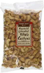 2 PACK TRADER JOE'S ROASTED & UNSALTED WHOLE CASHEWS 16 OZ EACH