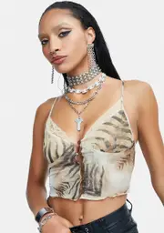 [Dolls Kill] Tiger Brown Mesh Yena Crop Top