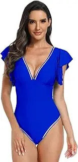 [Sipumia] Women Tummy Control Sexy 1-Piece Bathing Suit Ruffle Lace Deep V-Neck Bikini Swimsuit-24108