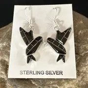 Black Onyx Navajo Indian Sterling Silver HummingBird Earrings Size 1" 15090